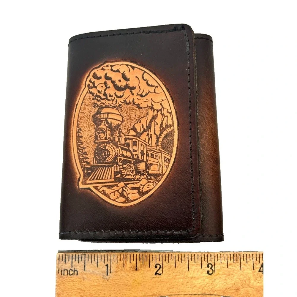 Vintage Tooled Leather Trifold Wallet Removable Card Insert Steam Locomotive NEW